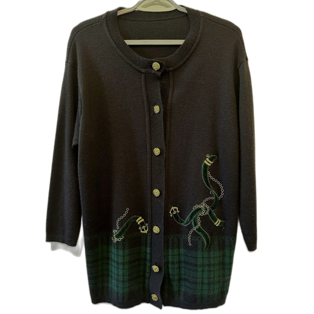 Cellini Made in Italy Cardigan L Navy Green Equestrian Rope Tassel Sweater